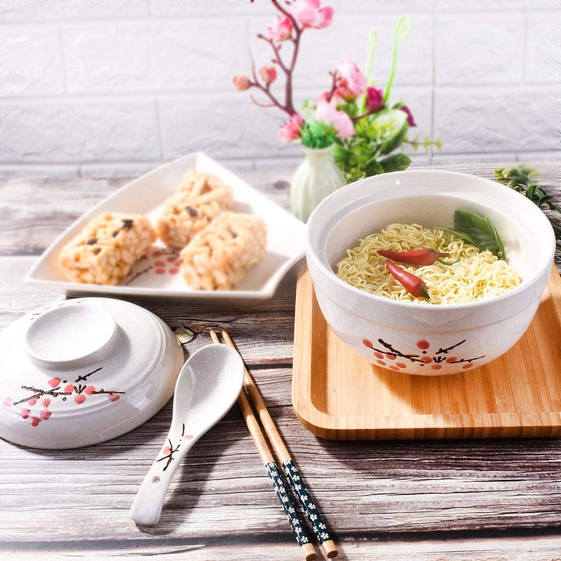 Whitenesser Ceramic Ramen Bowl with lids, Japanese Large 27.5 OZ Big Instant Noodle Bowls for Soup Rice and Porridge (Red Flower) - Image 2